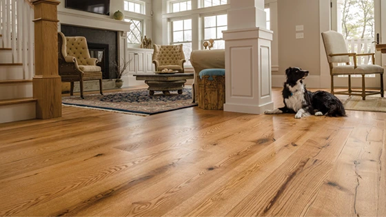 Installation of wide plank hardwood flooring in Valparaiso, Indiana.